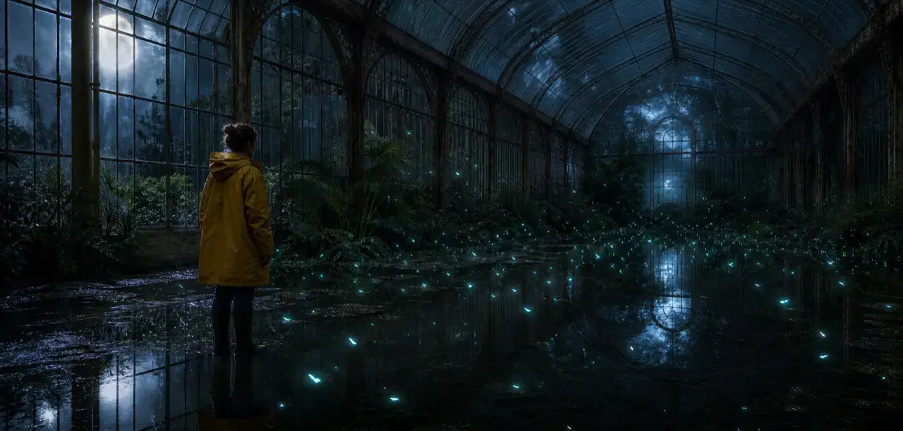 A singer in a glass conservatory lit with deep amber and blue tones
