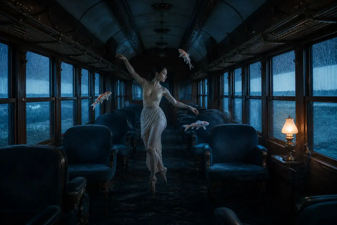 A surreal porcelain koi traveling through a richly detailed night train
